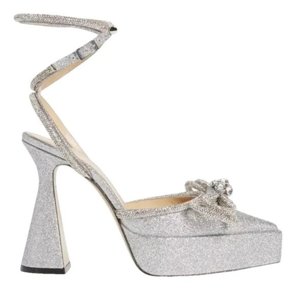 Mach & Mach Double Bow Platform Silver Glitter Women's Heels - Picture 2 of 15